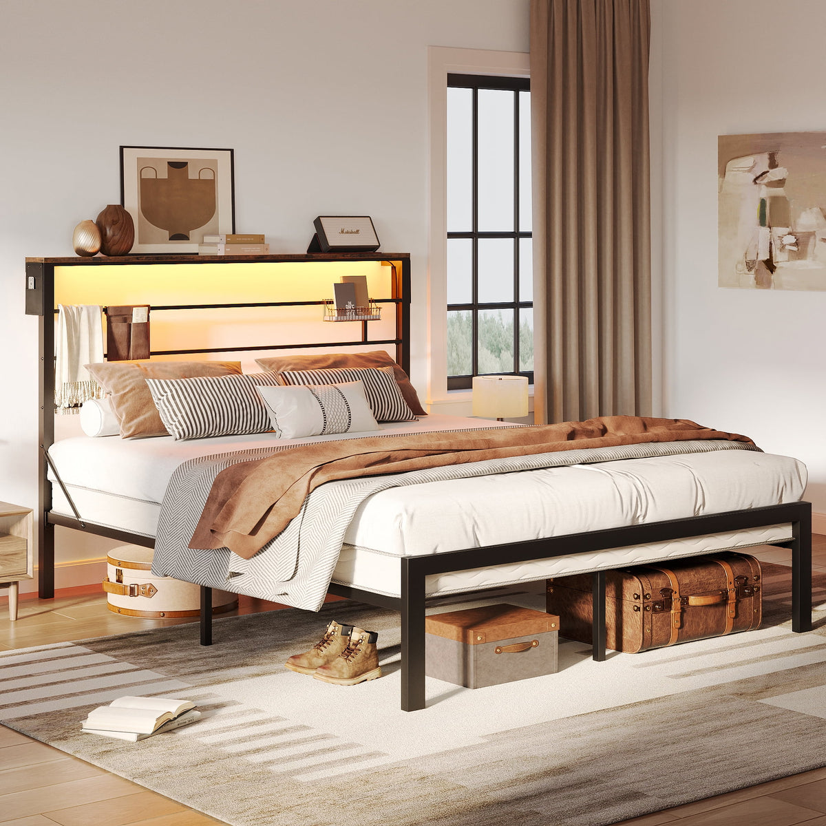Queen Size Black Metal Platform Bed Frame with LED Storage Headboard L409117