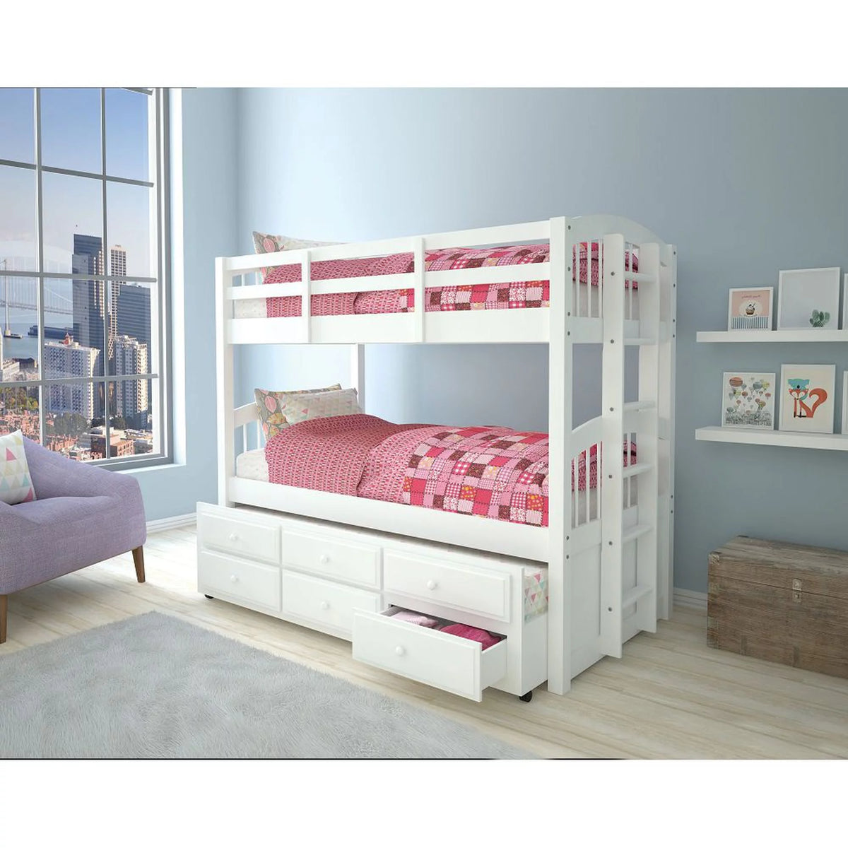 White Twin over Twin Bunk Bed with Trundle and Storage Drawers U8633