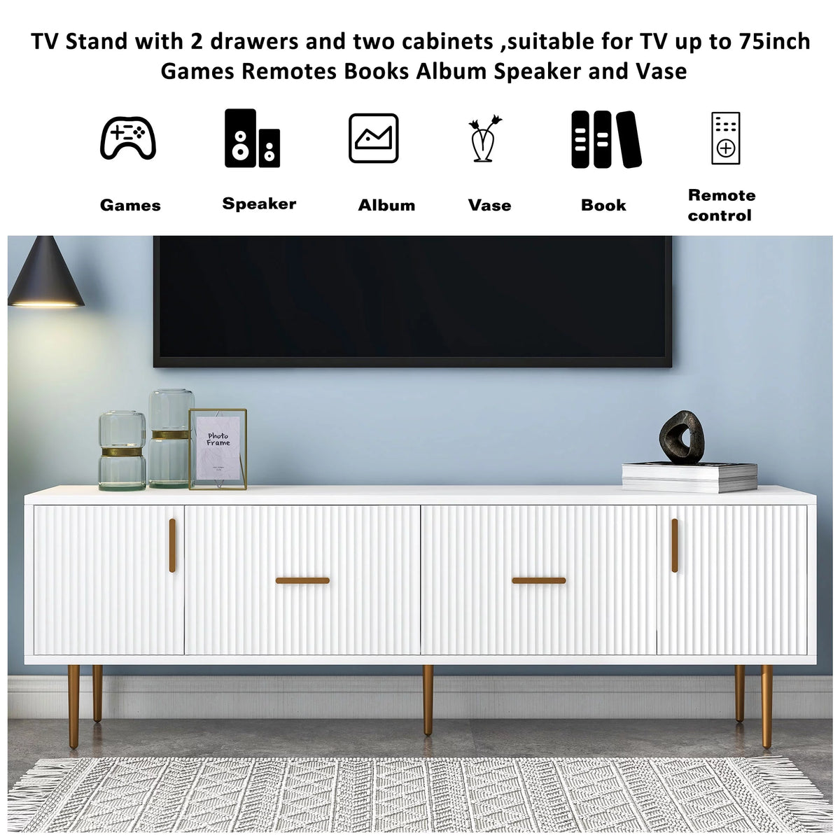 White Wood TV Stand with 2 Drawers and Cabinets W780