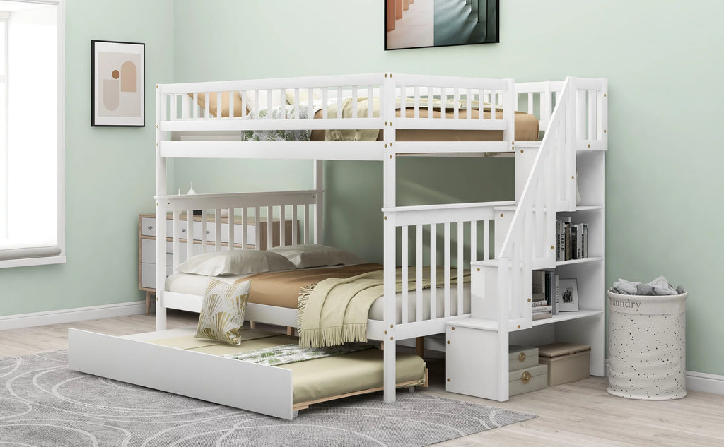 White Full over Full Bunk Bed with Trundle and Storage Shelves A2155