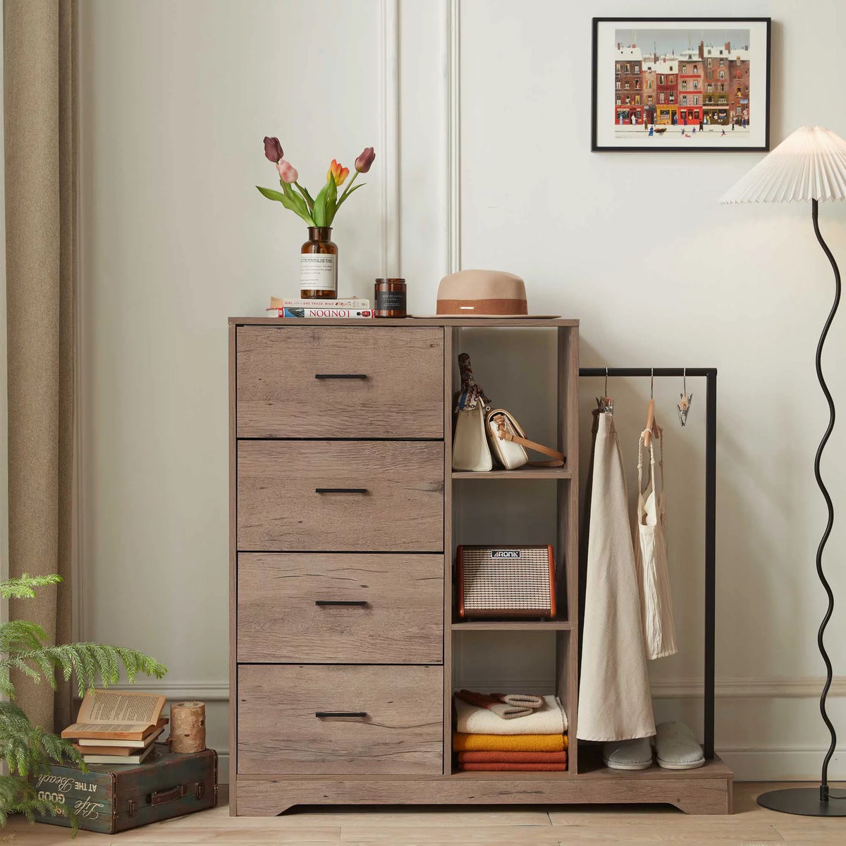 4 Drawer Dresser with Clothes Rack and Shelves I689675