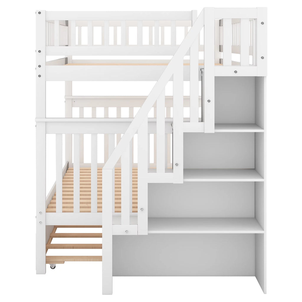 White Full over Full Bunk Bed with Trundle and Storage Shelves A2155