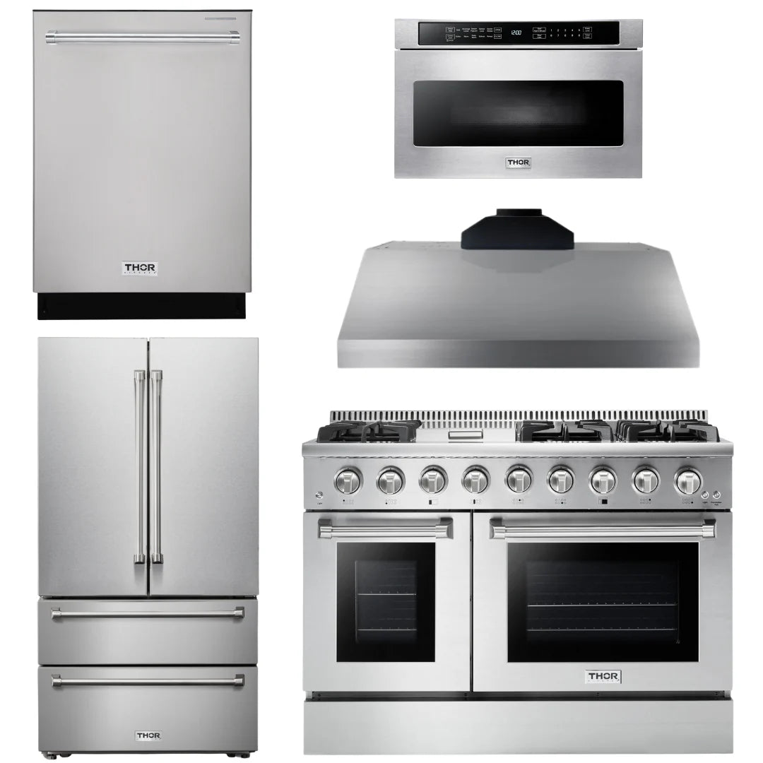 48 In. Propane Gas Range, Range Hood, Refrigerator, Dishwasher, Microwave Drawer W101