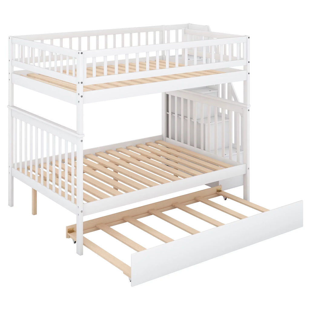 White Full over Full Bunk Bed with Trundle and Storage Shelves A2155