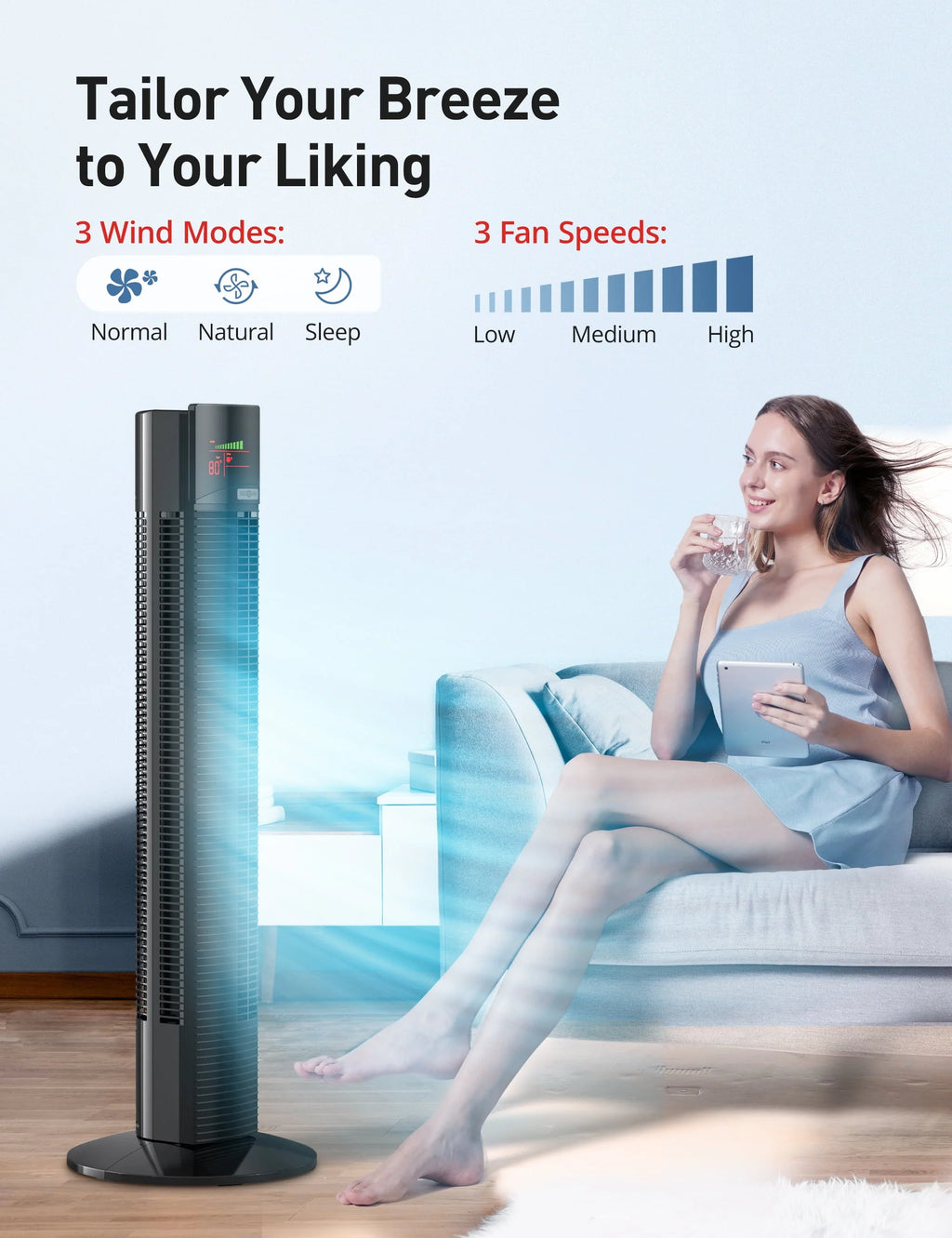 Black 36 Quiet Oscillating Bladeless Tower Fan with Remote F9123