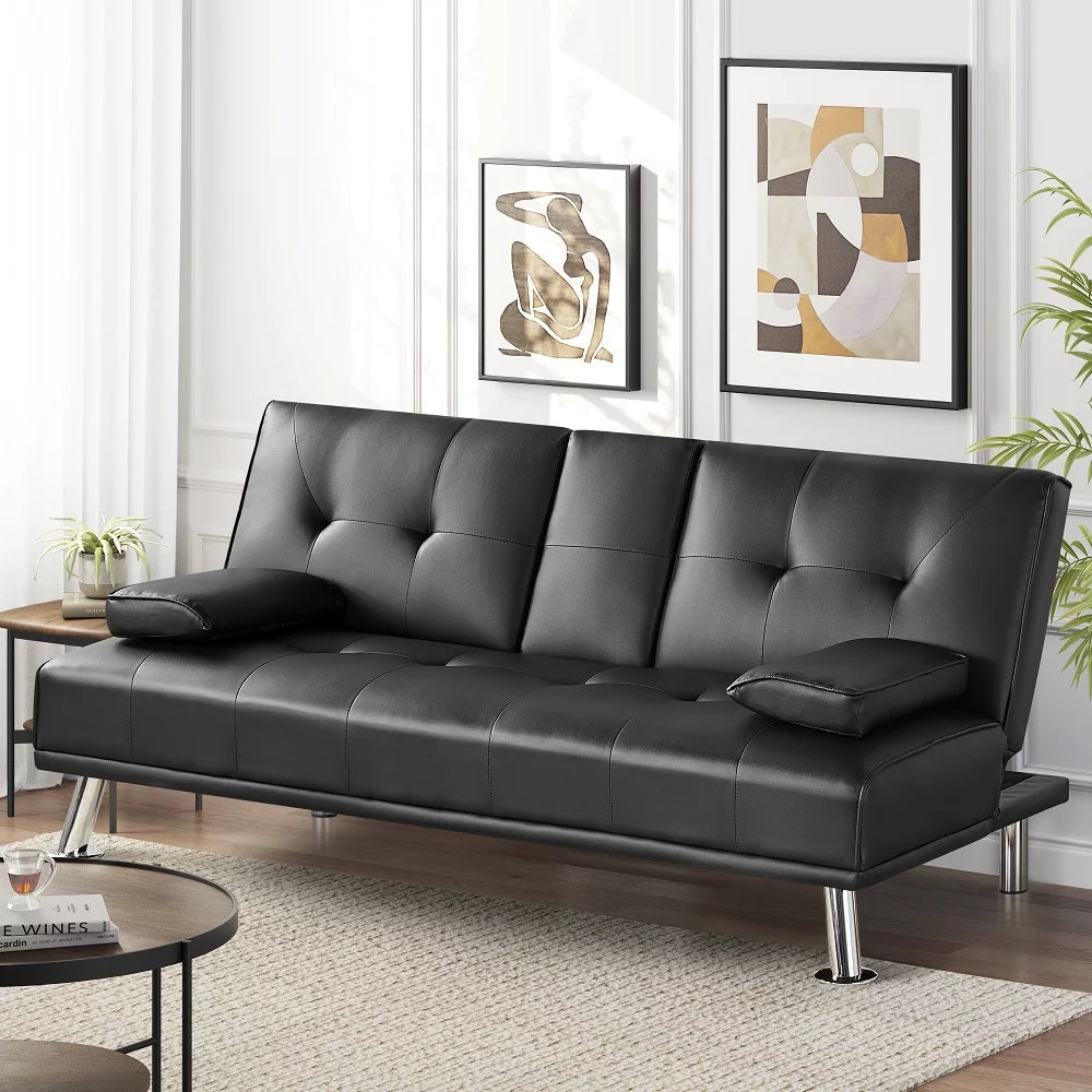 Black Faux Leather Futon with Cupholders and Pillows A7828