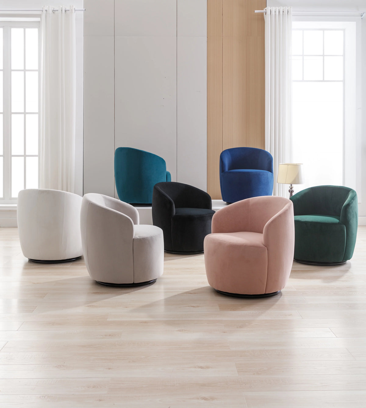 Velvet Fabric Swivel Accent Armchair with Black Metal Ring Z428448