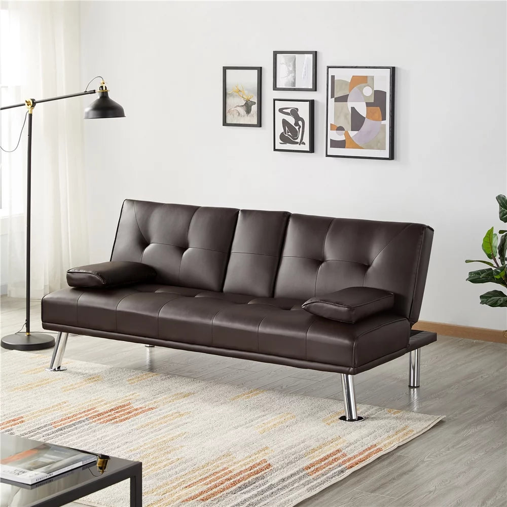 Black Faux Leather Futon with Cupholders and Pillows A7828