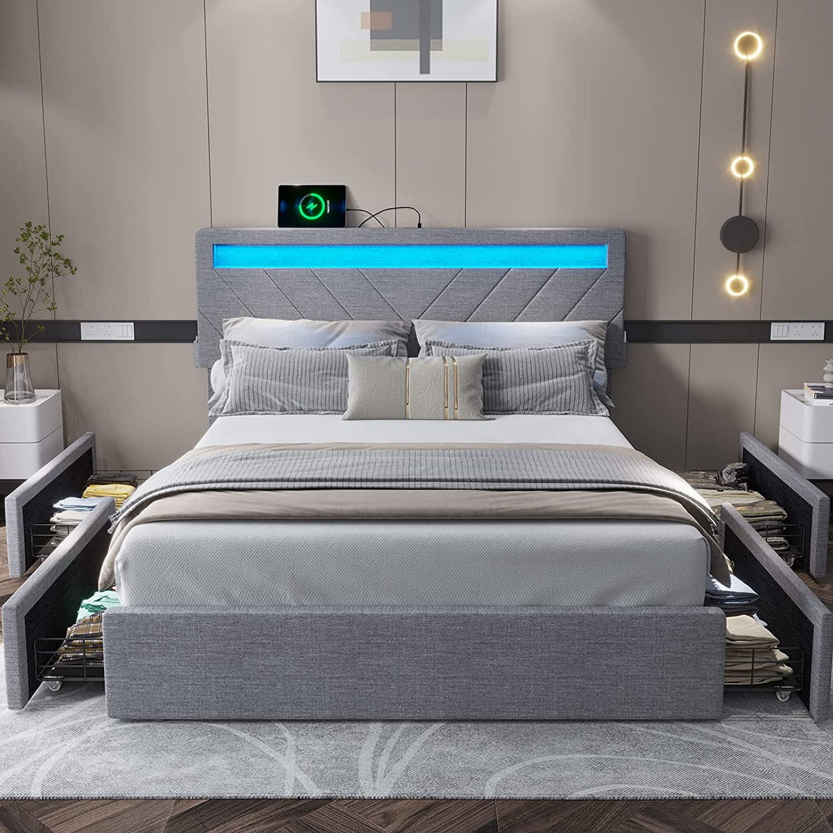 Queen Bed Frame with LED Lights Headboard, 4 Drawers, 2 USB Charging Station, Upholstered Platform Bed, Dark Gray L44639