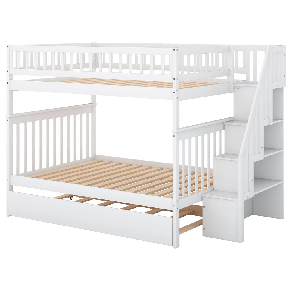 White Full over Full Bunk Bed with Trundle and Storage Shelves A2155