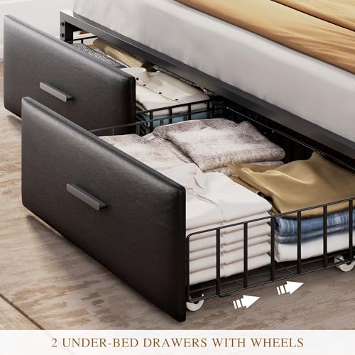 King Size Upholstered Platform Bed with 2 Storage Drawers and LED Light, Black C913710