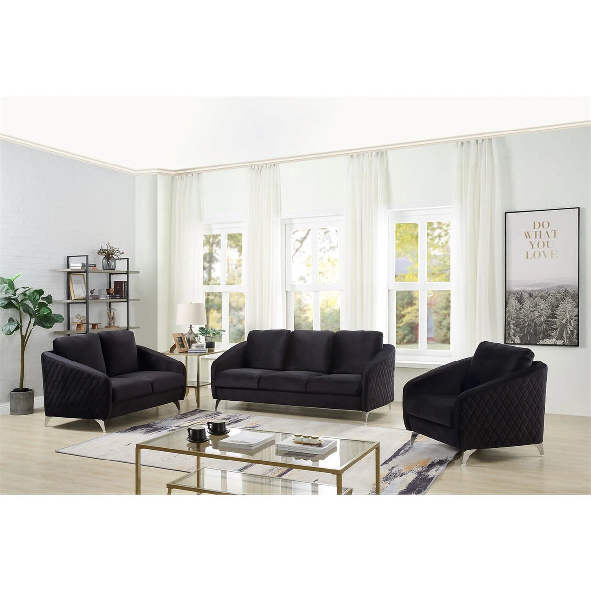 Black Velvet Sofa with Chrome Metal Legs M8070