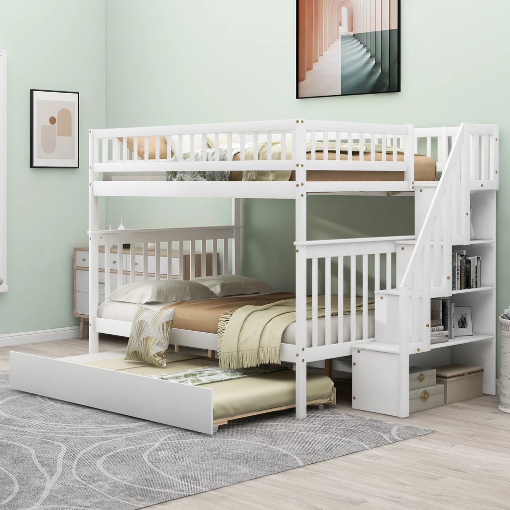 White Full over Full Bunk Bed with Trundle and Storage Shelves A2155
