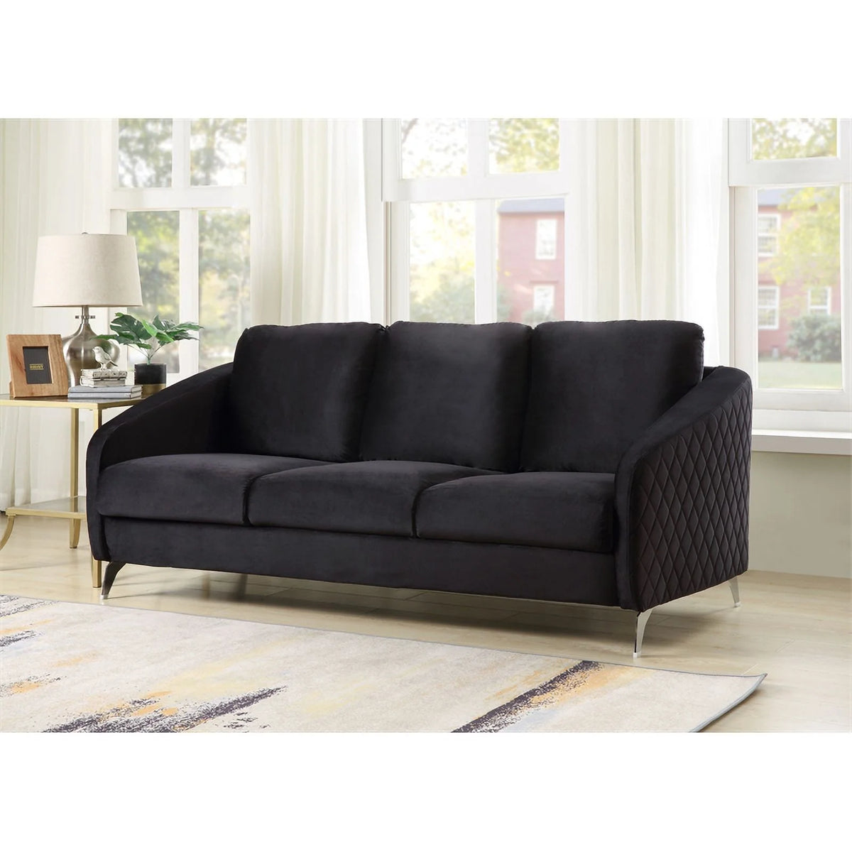 Black Velvet Sofa with Chrome Metal Legs M8070