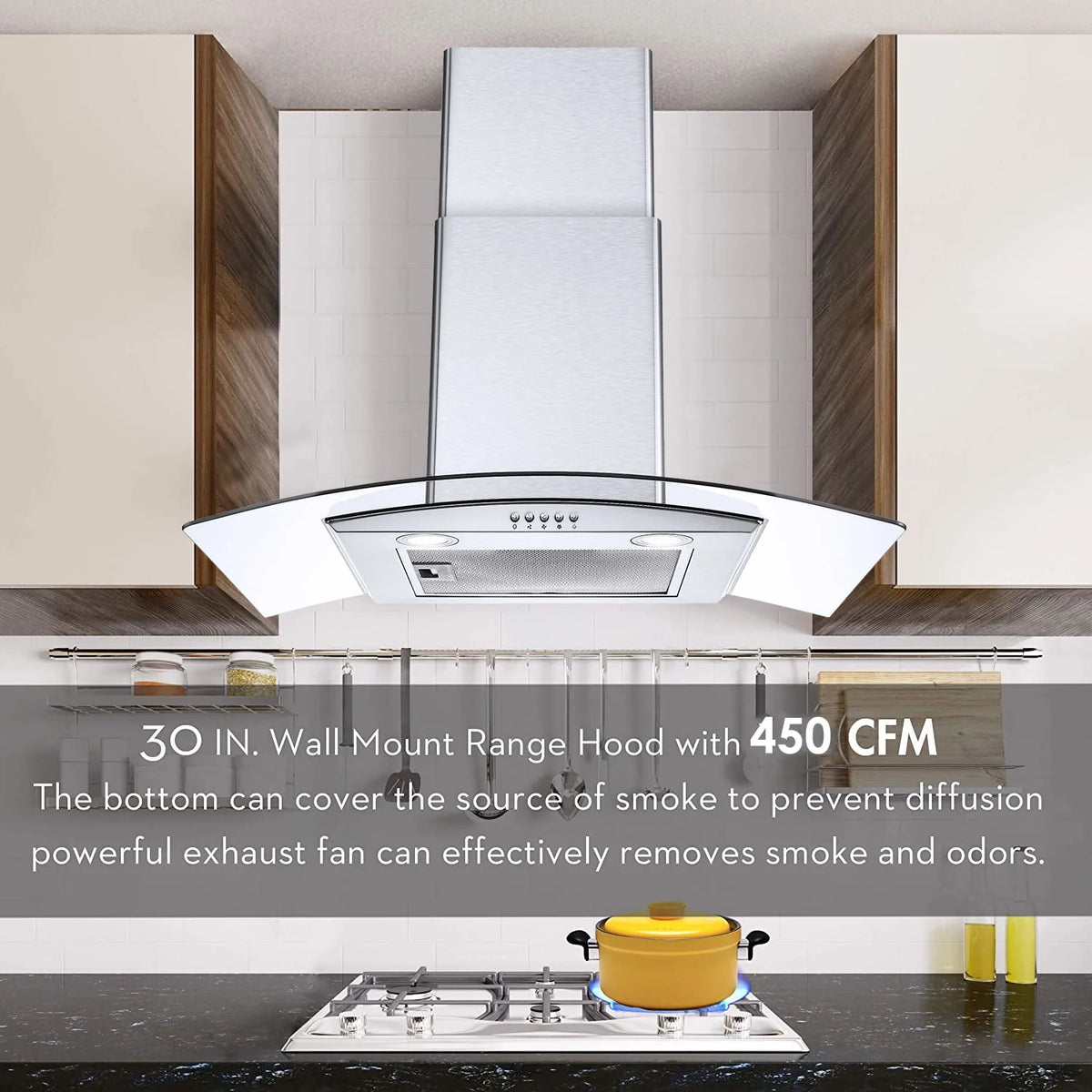 30 inch Wall Mount Range Hood 450CFM Tempered Glass 3-Speed E77762
