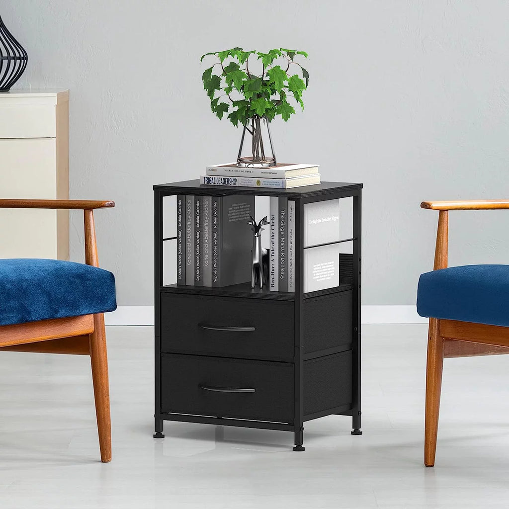 Brown Wood Nightstand with 2 Drawers and Open Shelf K802