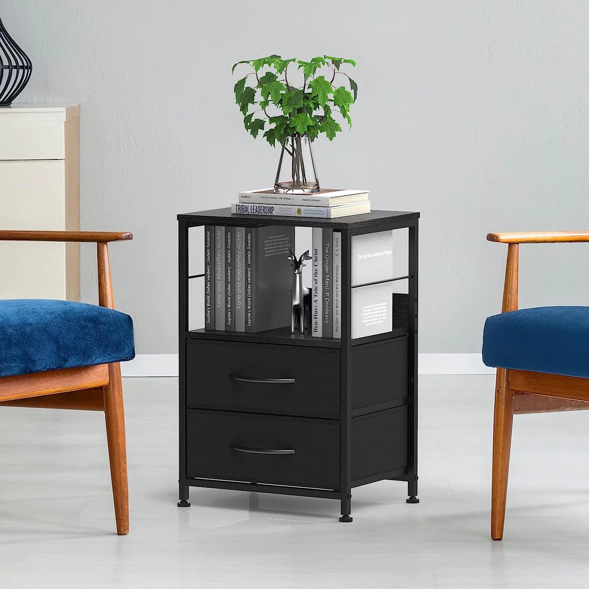 Brown Wood Nightstand with 2 Drawers and Open Shelf K802