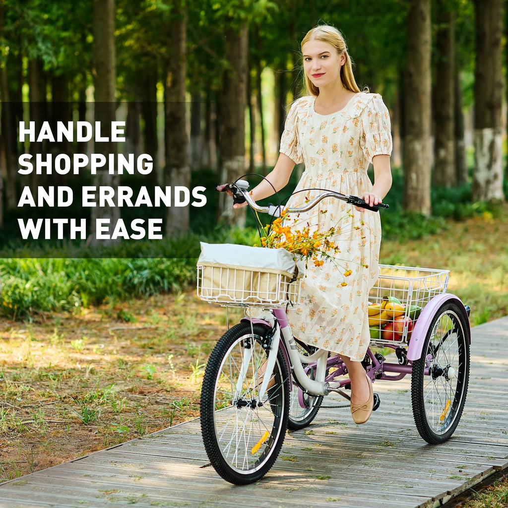 24 Inch 7 Speed Adult Trike with Adjustable Seat and 2 Baskets Matte Gray H96469
