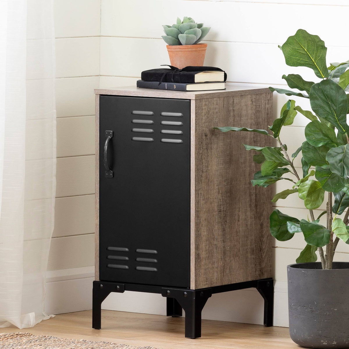 Weathered Oak and Matte Black 1-Door Nightstand V176251