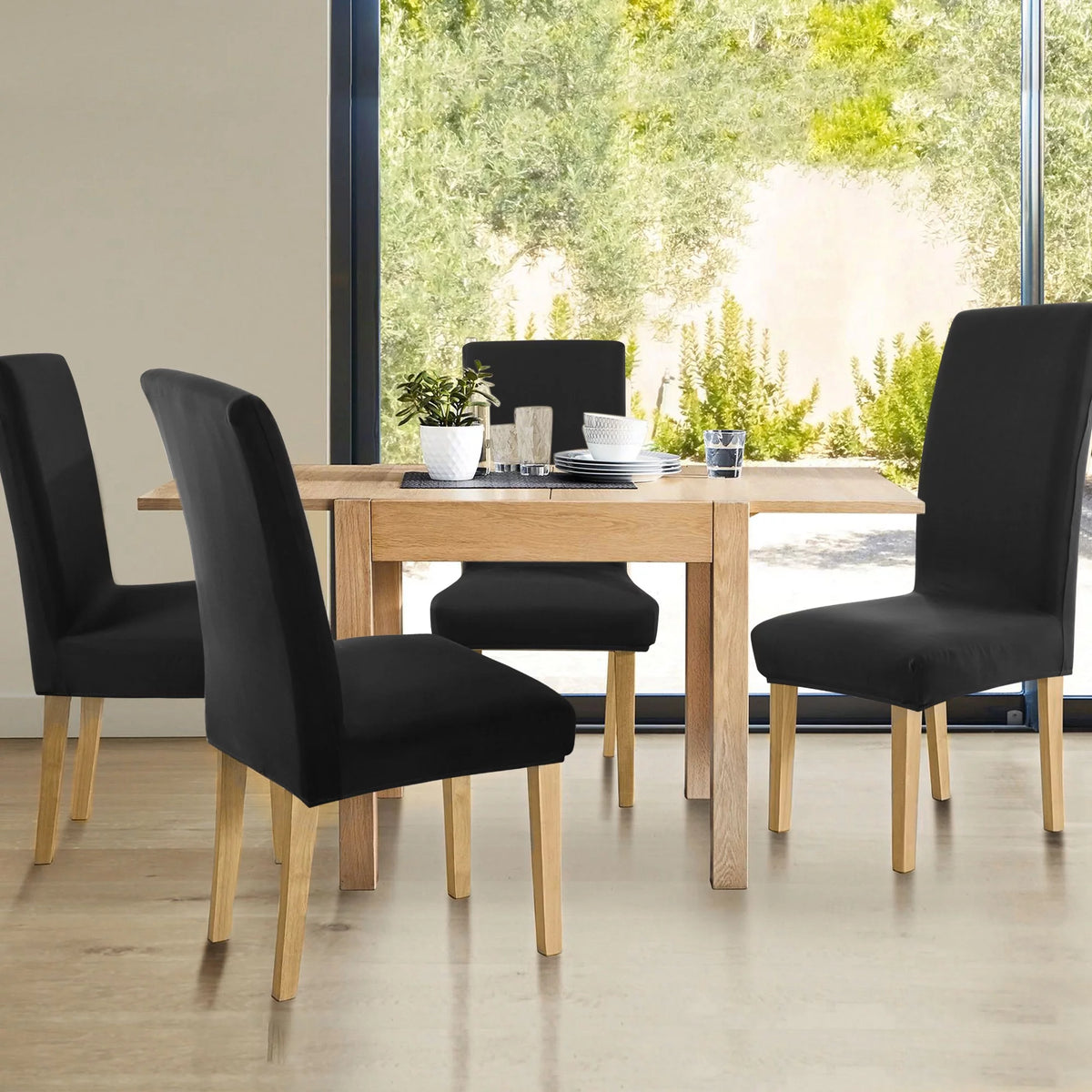 Black Stretch Spandex Dining Chair Covers Set of 4 U80555