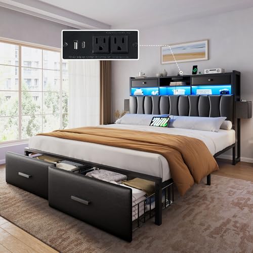 King Size Upholstered Platform Bed with 2 Storage Drawers and LED Light, Black C913710