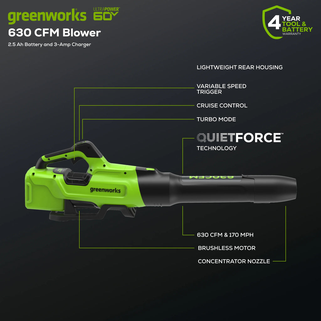 60V 630 CFM 170 MPH Leaf Blower with 2.5 Ah Battery & Charger P6363